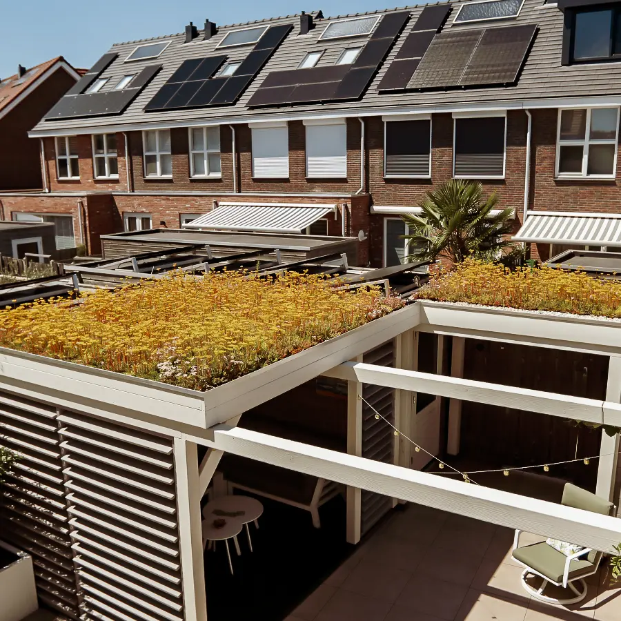 Moderne stadstuin met overdekte lounge en mediterrane beplanting