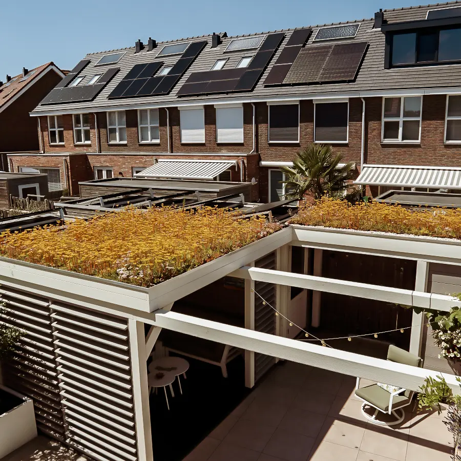 Moderne stadstuin met overdekte lounge en mediterrane beplanting