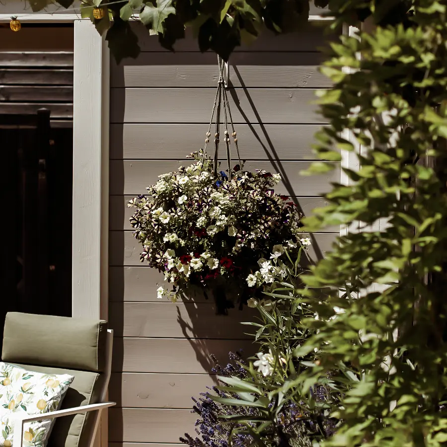 Moderne stadstuin met overdekte lounge en mediterrane beplanting