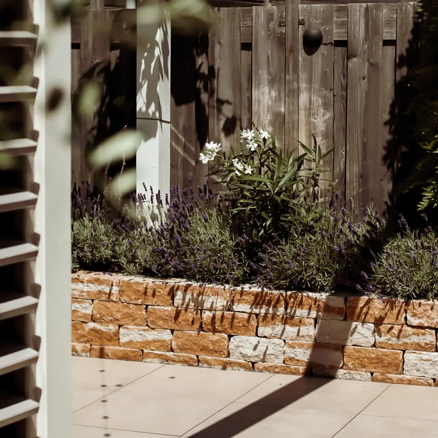 Moderne stadstuin met overdekte lounge en mediterrane beplanting