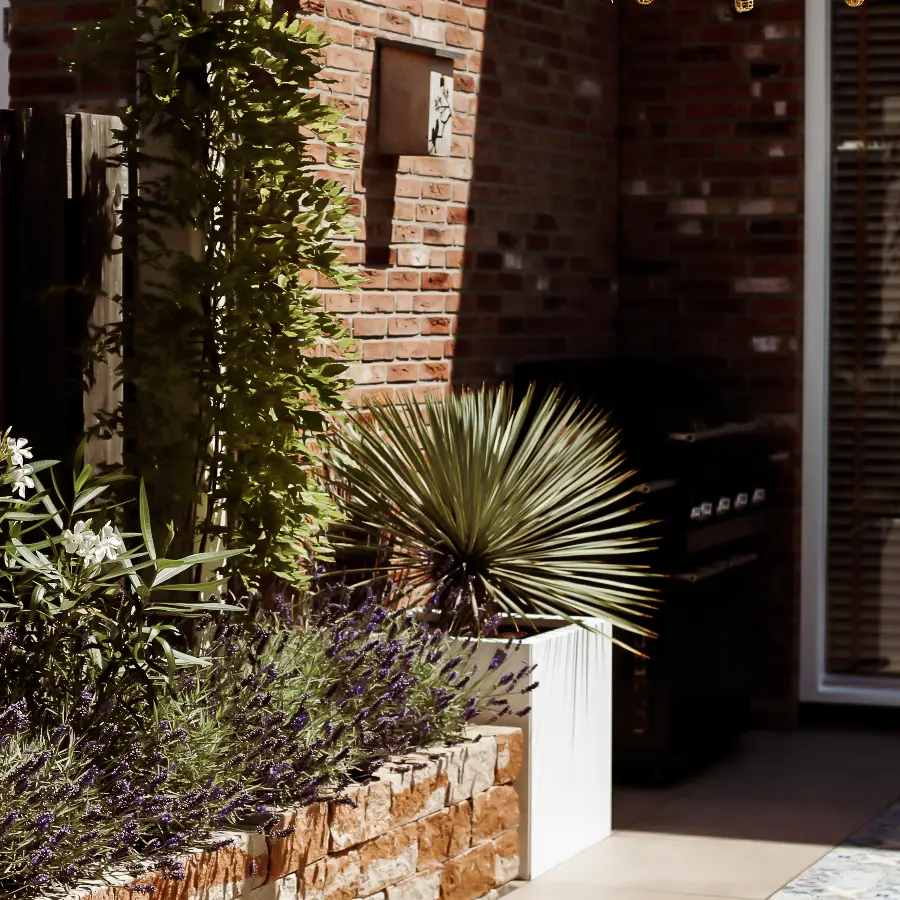 Moderne stadstuin met overdekte lounge en mediterrane beplanting