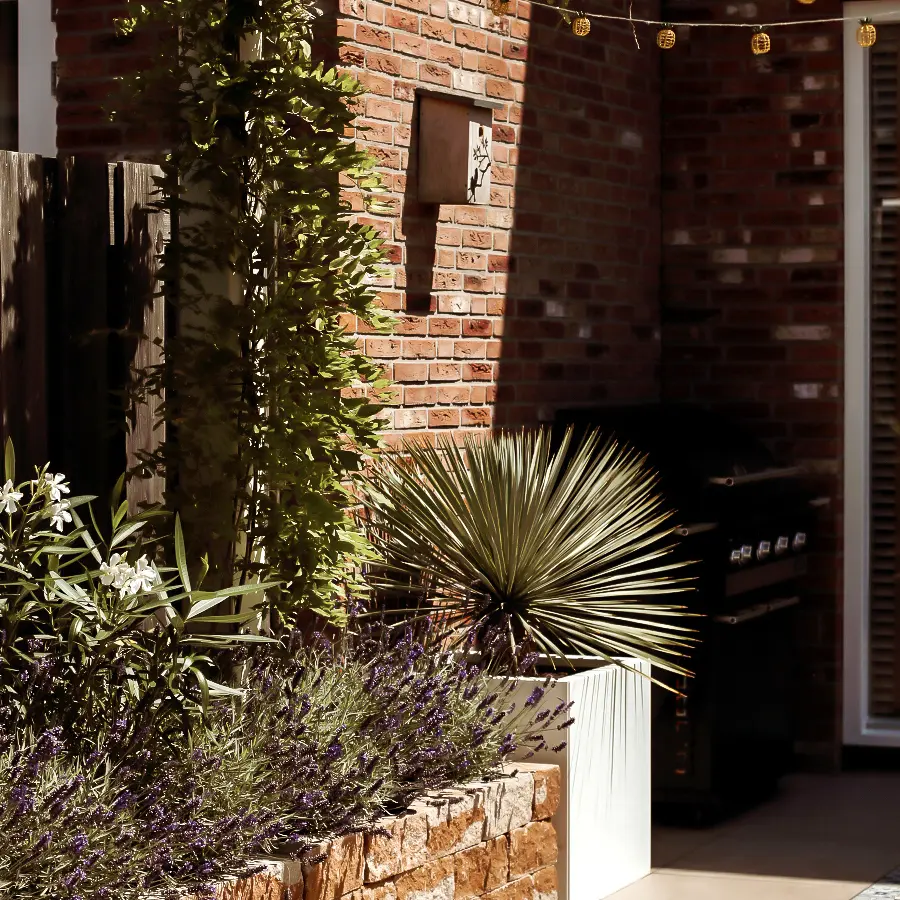 Moderne stadstuin met overdekte lounge en mediterrane beplanting