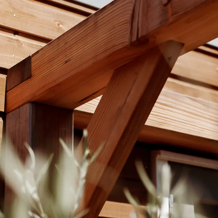 Compacte stadstuin met houten tuinhuis, pergola en mediterrane planten