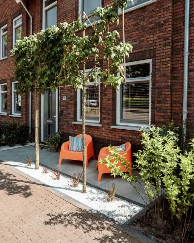 Onderhoudsvriendelijke voortuin met strakke grijze tegels