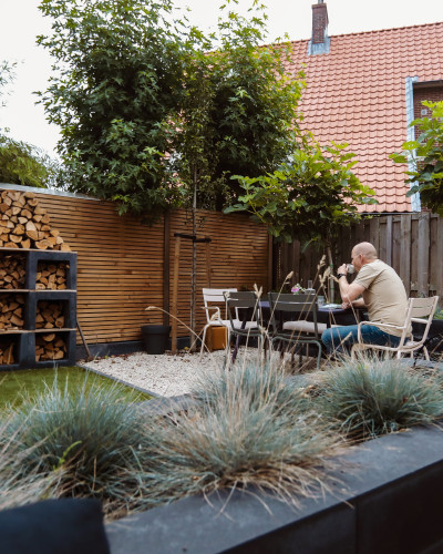 Knusse stadstuin omring door hoge borders en bomen